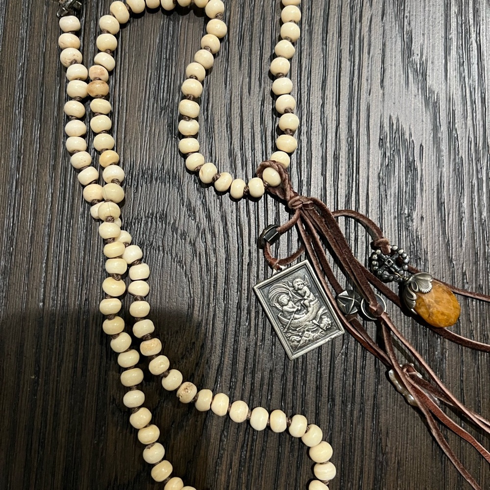 Love Heals long necklace. Leather, beads, ink stone and silver accents.